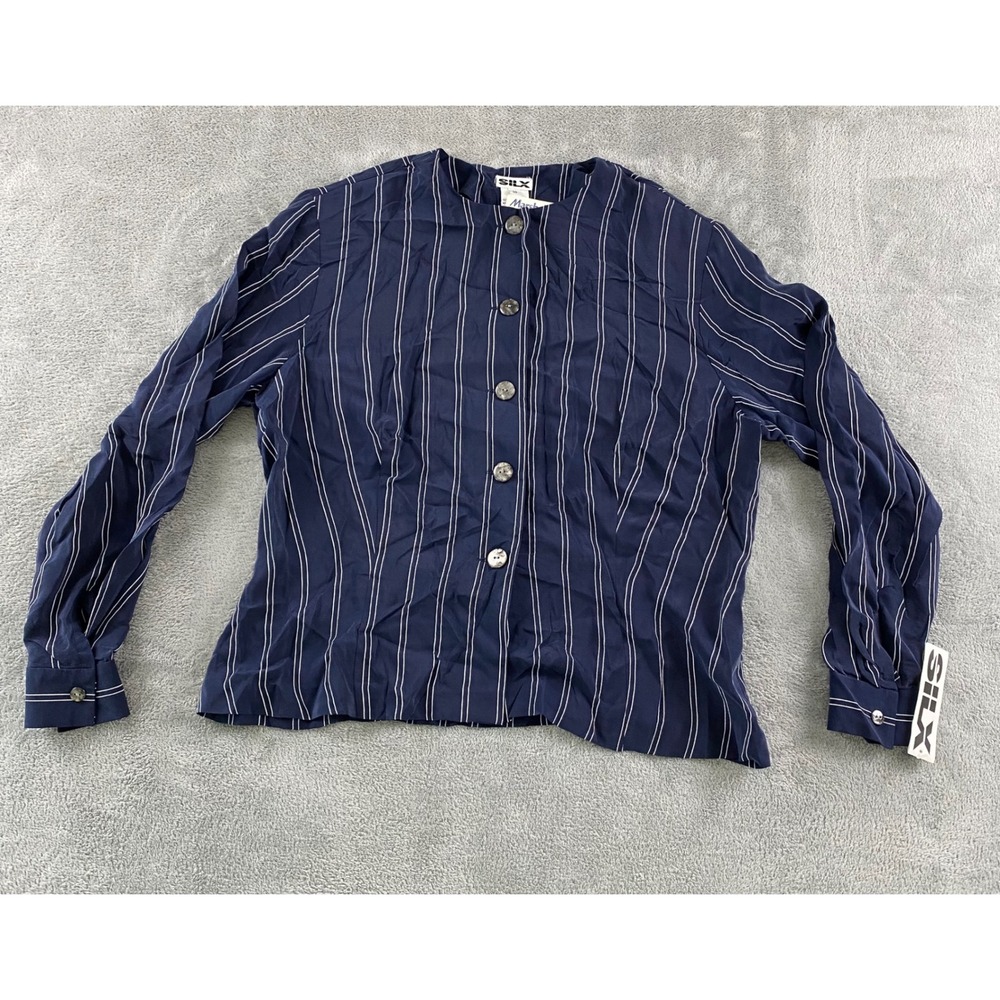 SILX Women Navy Blue Pinstripe 100% Silk Button Front Blouse 3P NWT 875236P